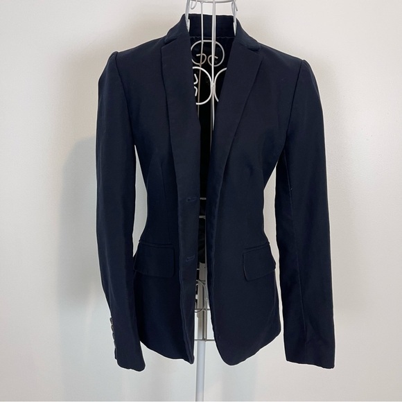 J Crew cotton blazer navy blue fitted long sleeve size 00 carrier academia - Picture 1 of 8